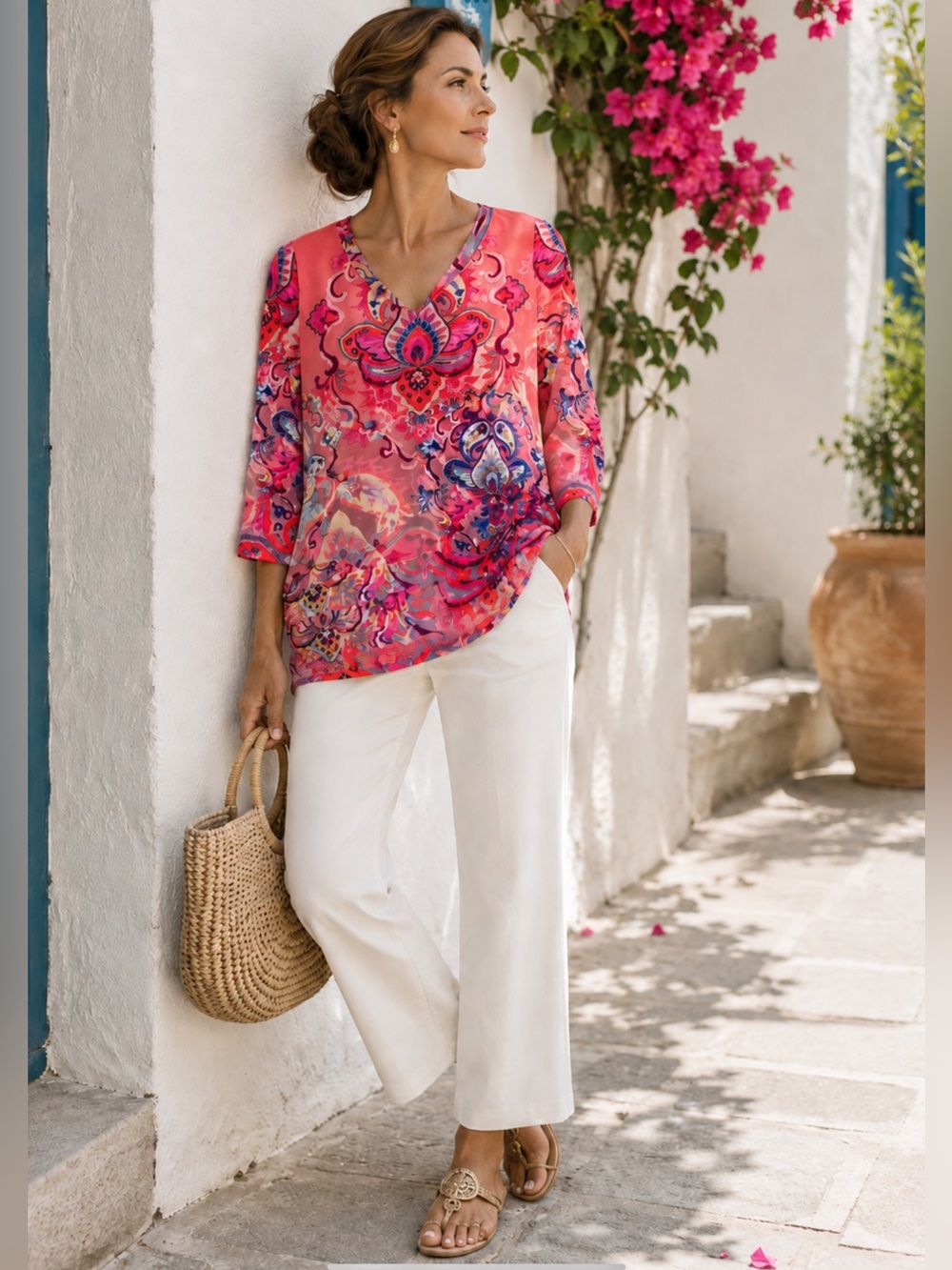 Soft Surroundings Pullover Knit Tunic pink Paisley Top 3/4 Sleeve XS Boho
Artsy